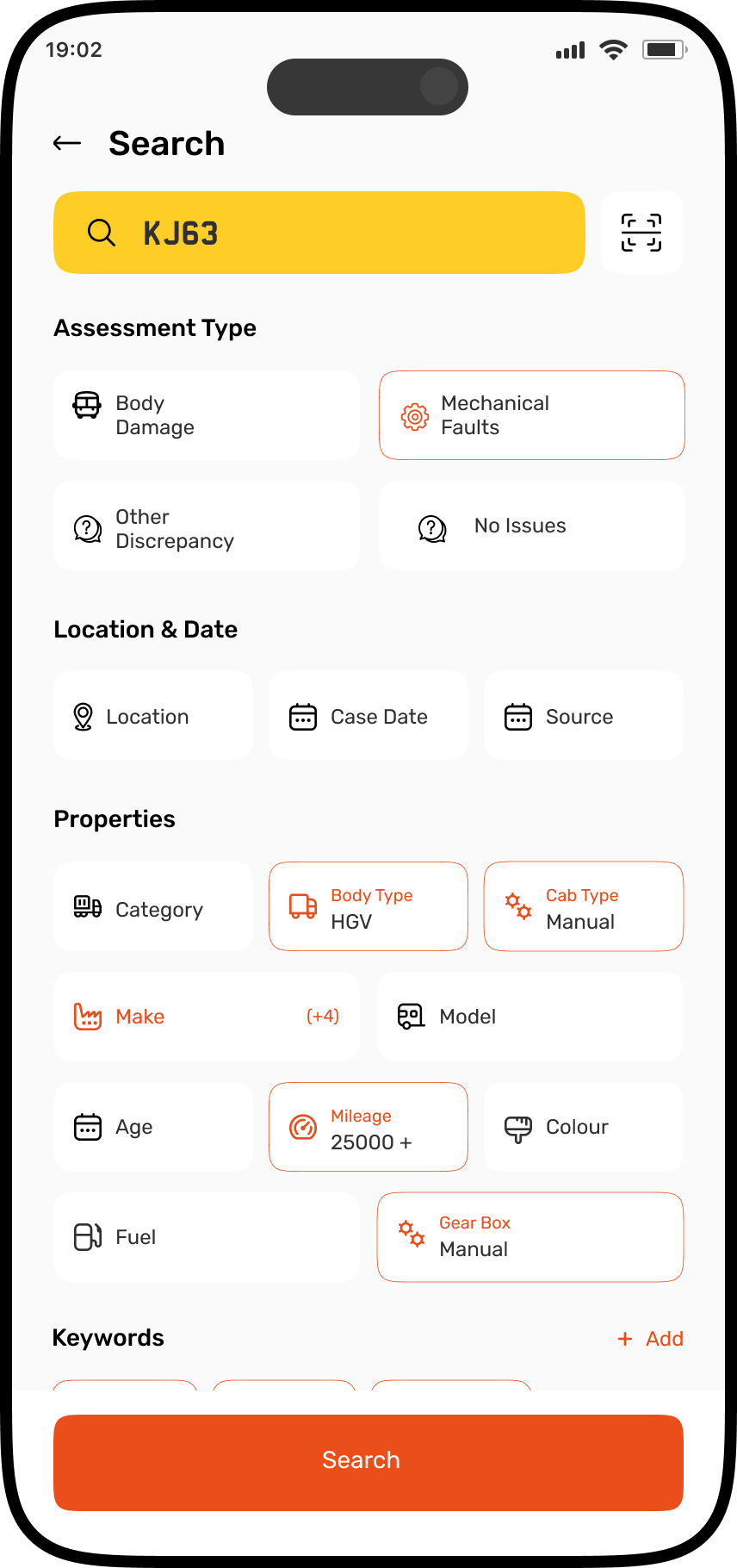 OGRE Field app — asset search screen