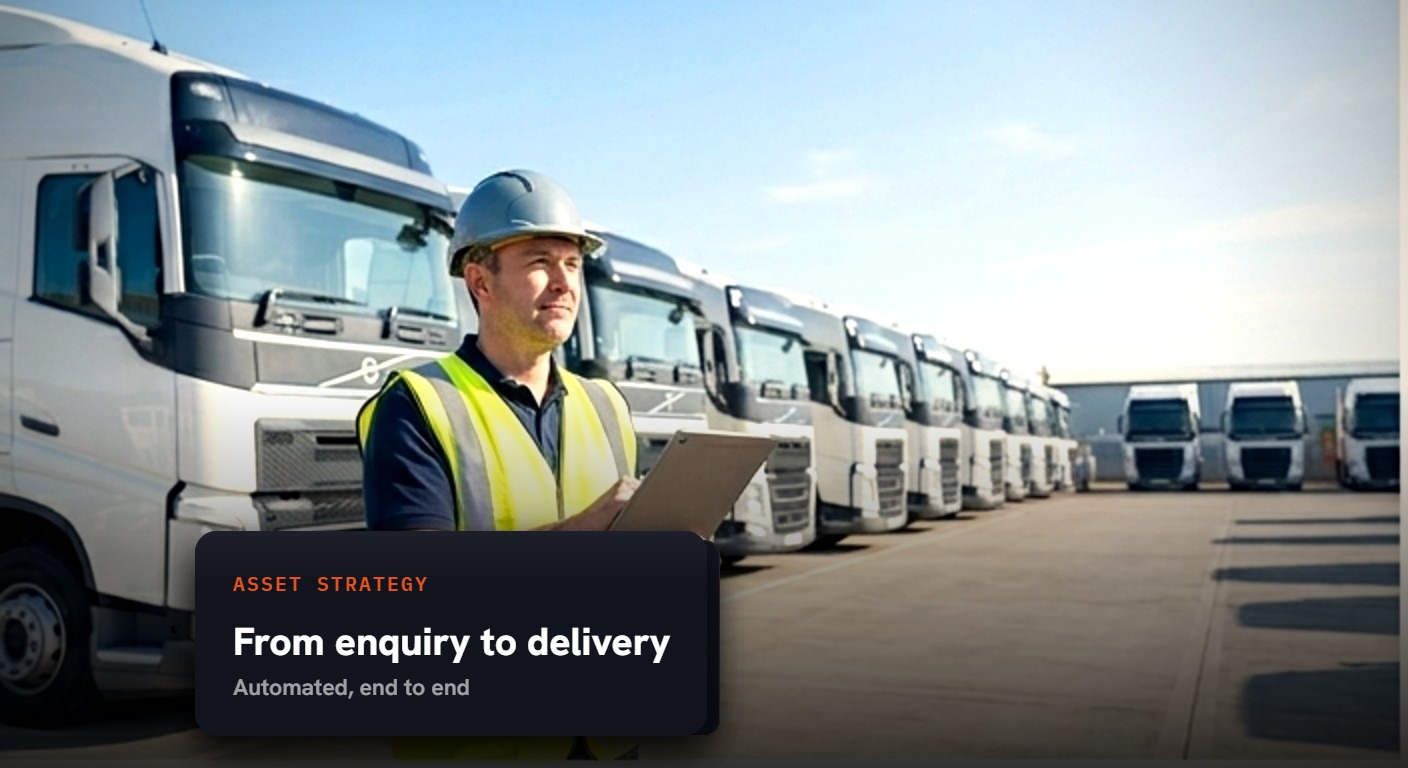 Fleet trucks lined up at an OGRE depot, asset strategy: from enquiry to delivery, automated end to end