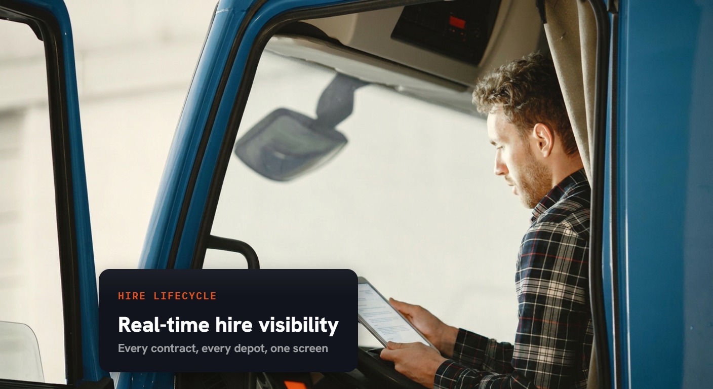 Truck driver in the cab reviewing hire paperwork on a tablet, hire lifecycle: real-time hire visibility across every contract and depot