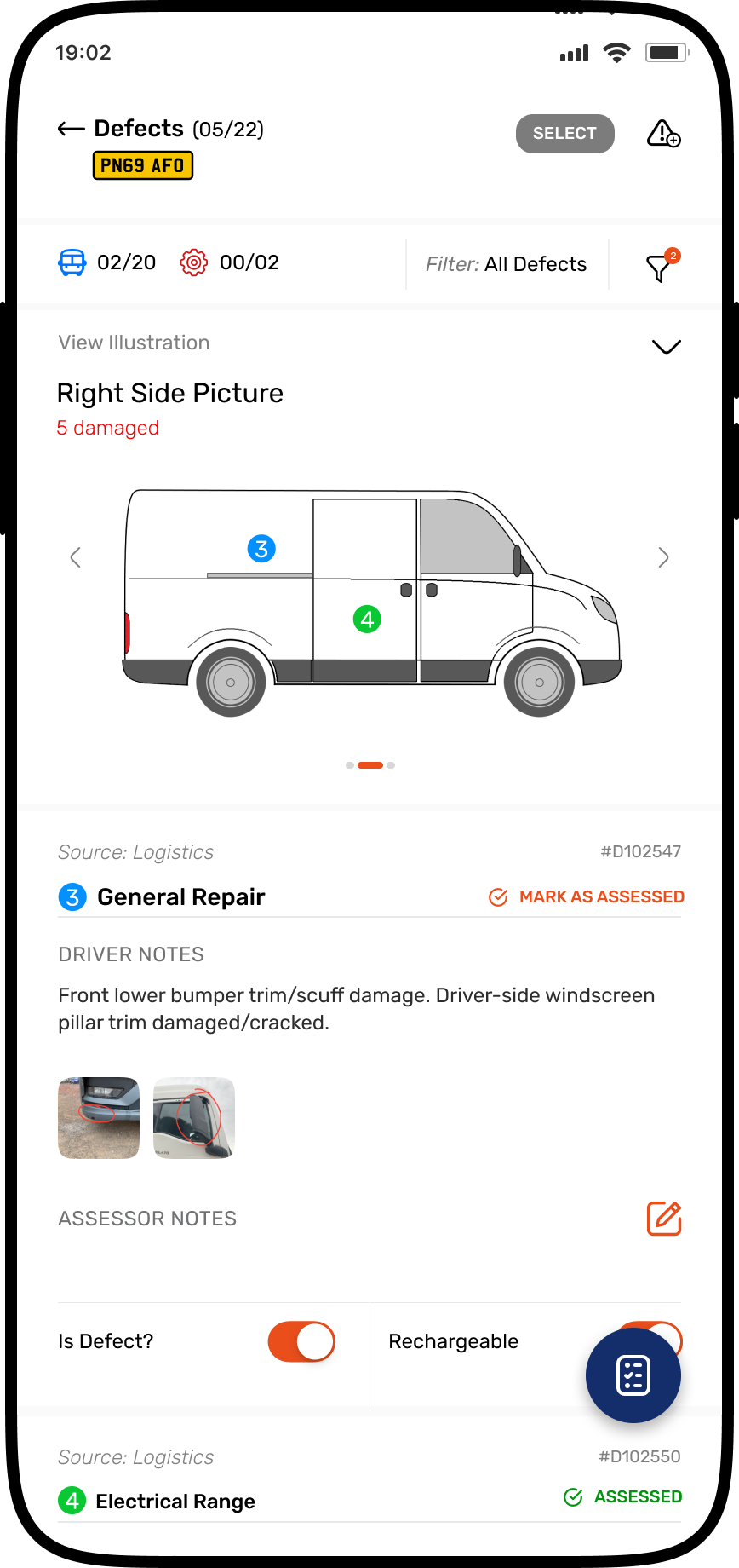 OGRE Field app — defect detail and vehicle illustration screen